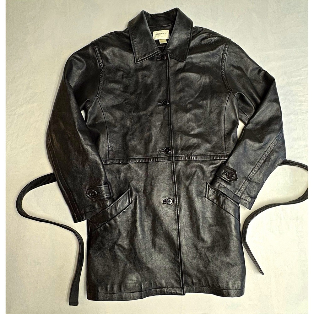 Hugo Buscati Collection Women's M Black Leather Trench Coat Button Belt Pockets